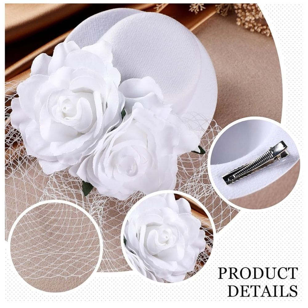 Fascinators - White Derby Hat  Elegant Tea Party with Veil Floral - Picture 3 of 9